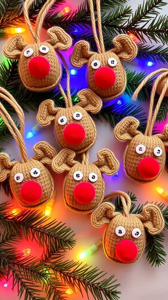 DIY Reindeer Christmas Ornaments Handmade reindeer Christmas ornaments with button eyes and red noses on a festive background.